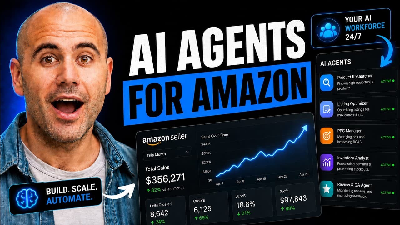Chad Rubin standing next to a screenshot of the Profasee Ultra dashboard showing Amazon Seller stats and a list of active AI agents (Product Researcher, Listing Optimizer, PPC Manager, Inventory Analyst, Review and QA Agent)