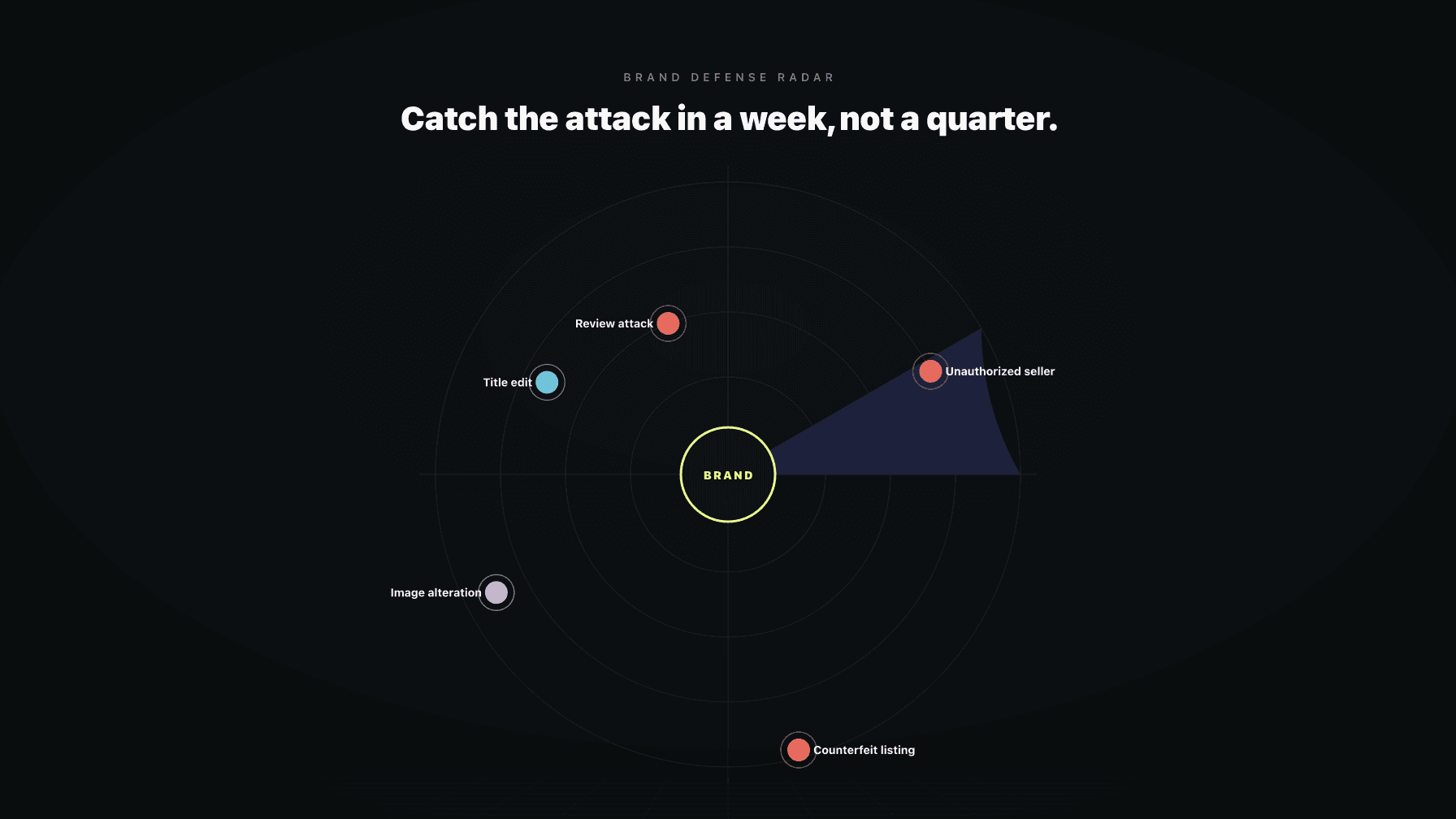 A radar sweep showing detected hijacker listings, counterfeit alerts, and Brand Registry shield perimeter