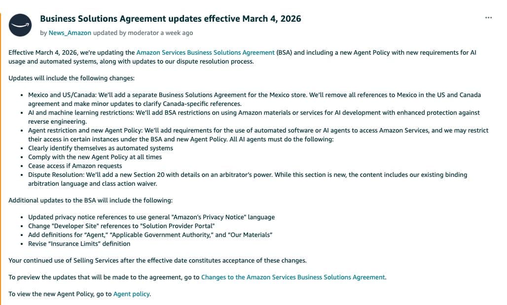 Amazon Business Solutions Agreement update announcement effective March 4 2026 introducing new Agent Policy requirements for AI and automated seller tools on the Amazon marketplace